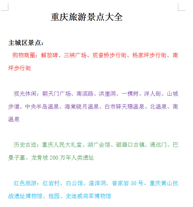 最完整的重庆旅游景点大全doc格式word免费下载