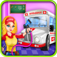 Emergency Vehicles in Car Wash Salon((Autogarage))
